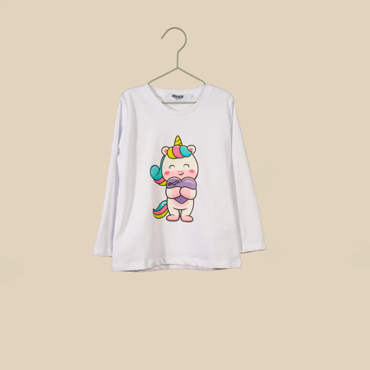 T-shirt bianca manica lunga Unicorno