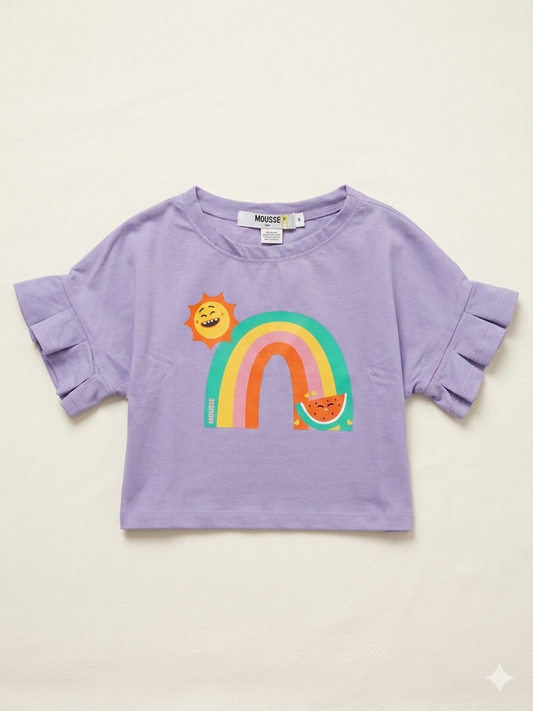 T-shirt crop viola con arcobaleno