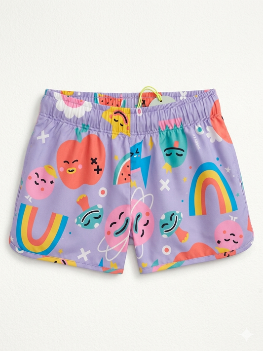 Shorts sportivi viola con arcobaleno