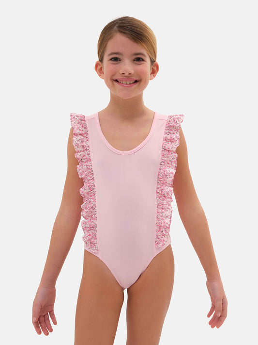 Costume intero con rouches laterali in lycra fiorellini rosa