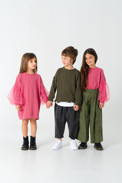 Maglia in caldo cotone malva con maniche in tulle