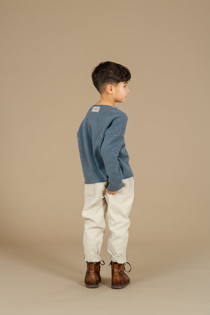 Maglia in caldo cotone con microrighe tabacco e cobalto