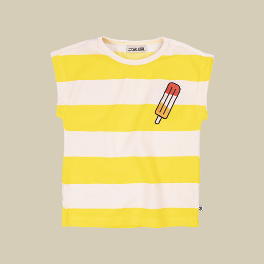 T-shirt senza maniche a righe gialle e bianche