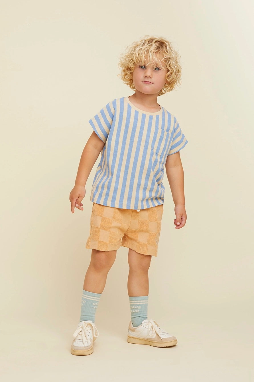 T-shirt a righe azzurre e beige con taschino