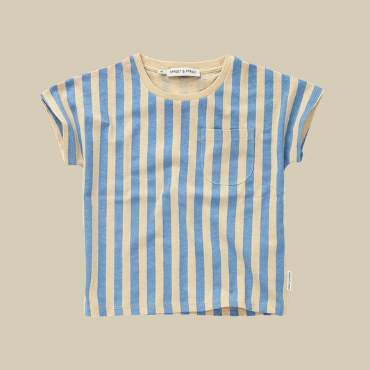 T-shirt a righe azzurre e beige con taschino