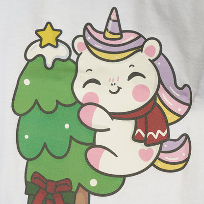 T-shirt Xmas bianca a manica lunga con Unicorno di Natale