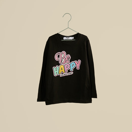 T-shirt nera a manica lunga "Be Happy"