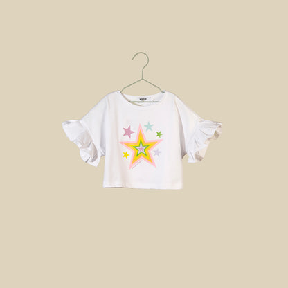 T-shirt crop bianca con maniche a balze "Star Rainbow"
