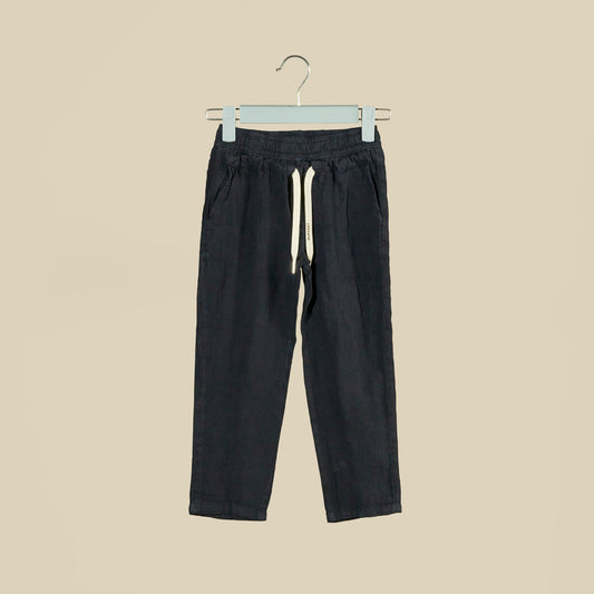 Pantalone blu in lino con elastico in vita