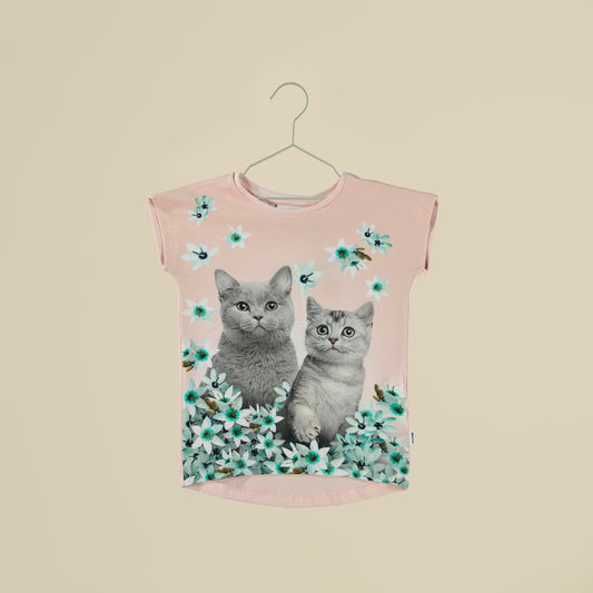 T-shirt rosa con stampa gatti e fiori