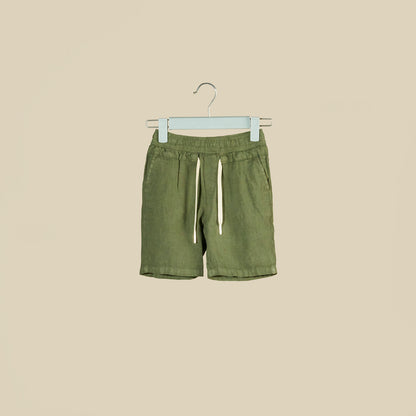 Shorts verde oliva in lino con elastico in vita