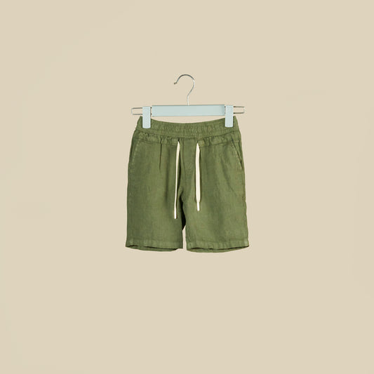 Shorts verde oliva in lino con elastico in vita