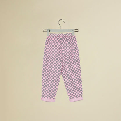 Pantalone a quadretti grigie e rosa a costine