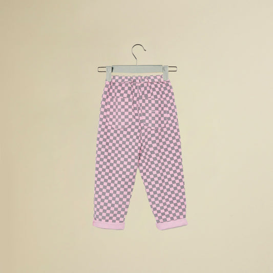 Pantalone a quadretti grigie e rosa a costine