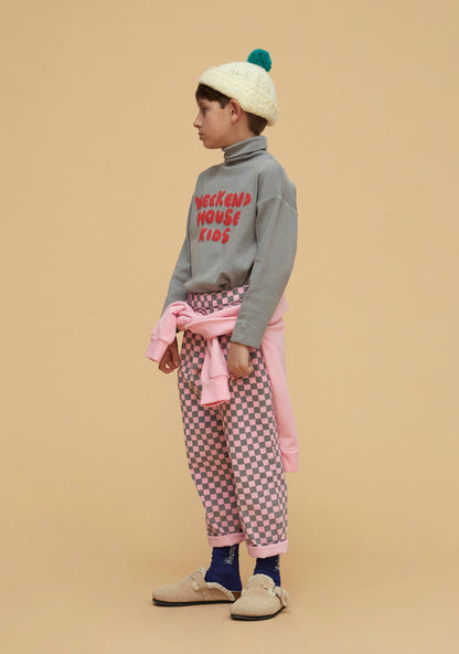 Pantalone a quadretti grigie e rosa a costine