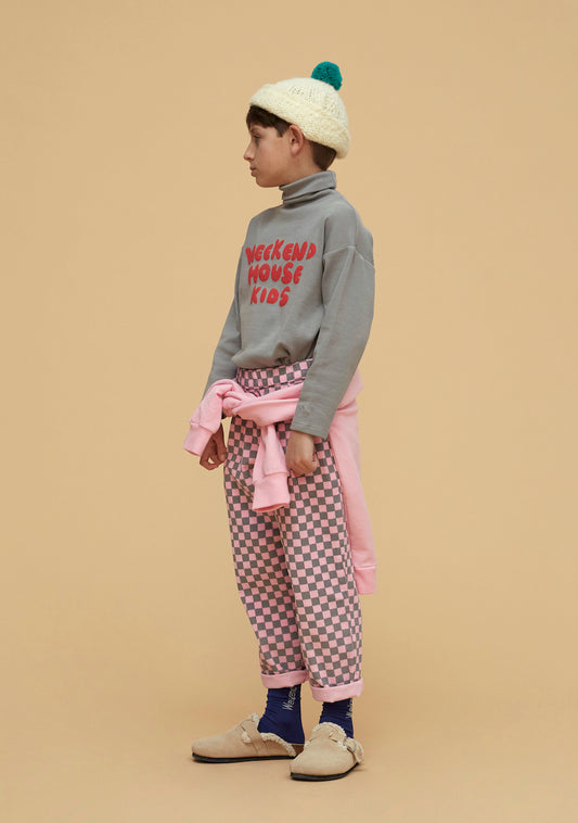 Pantalone a quadretti grigie e rosa a costine