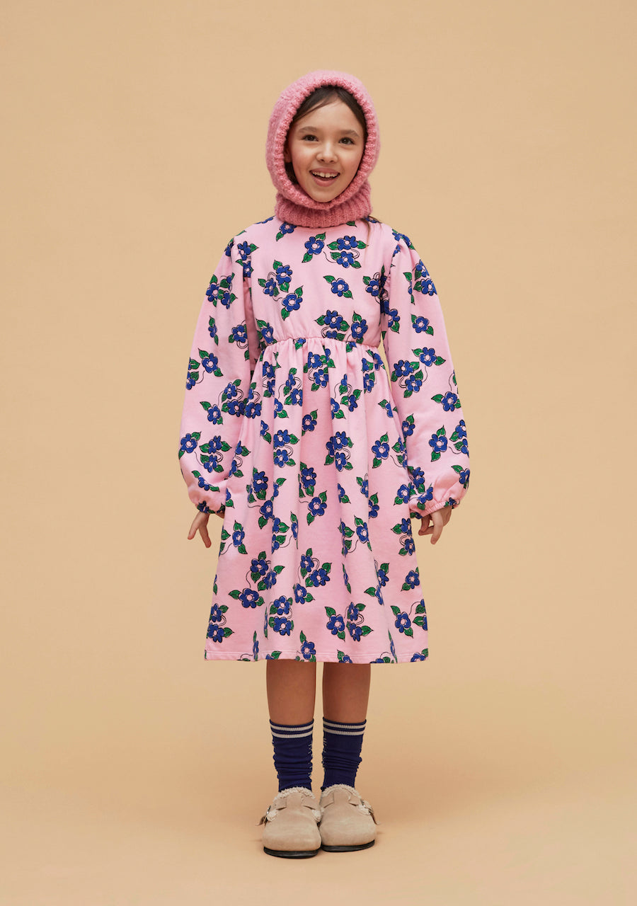 Vestito maniche lunghe rosa con fiori azzurri