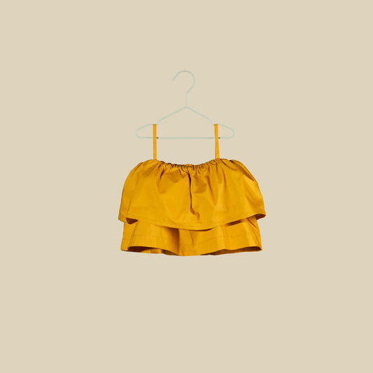 Top con spalline sottili e balza giallo ocra