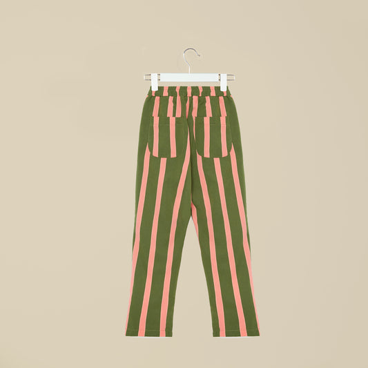 Pantaloni in tessuto a righe verdi e rosa