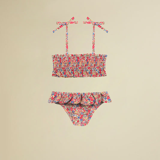 Bikini con top a fascia e slip petali in cotone Liberty