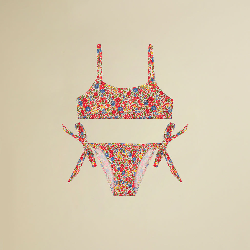 Bikini con top a fascia e slip in lycra Liberty fiori rossi
