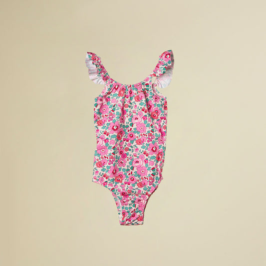 Costume intero con rouches sulle bretelline in lycra Liberty fuxia