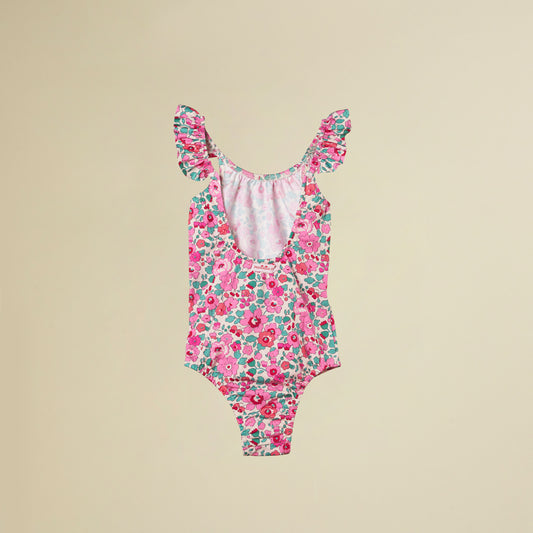Costume intero con rouches sulle bretelline in lycra Liberty fuxia
