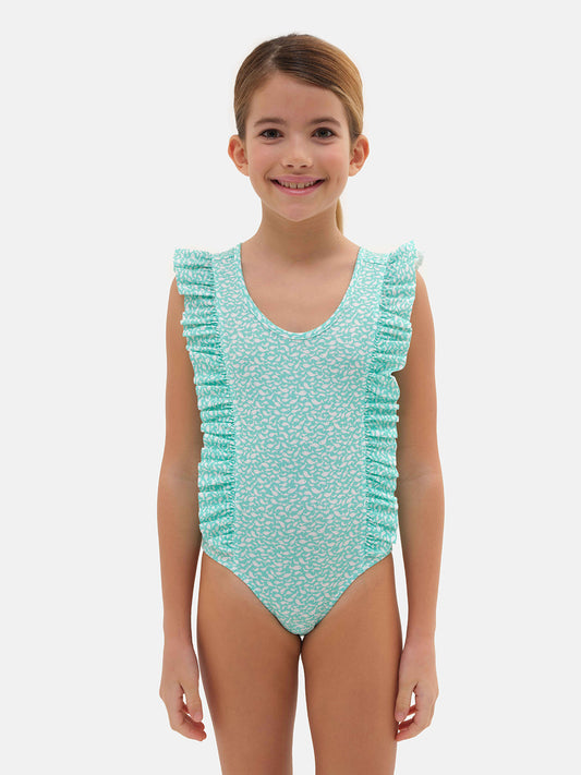 Costume intero con rouches laterali in lycra pesciolini verdi