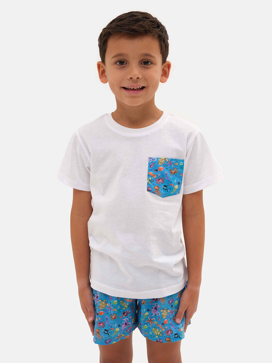 T-shirt bianca maniche corte con taschino fantasia "Ocean"