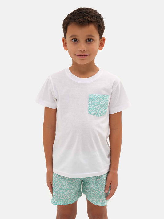 T-shirt bianca maniche corte con taschino liberty Pesciolini verde acqua