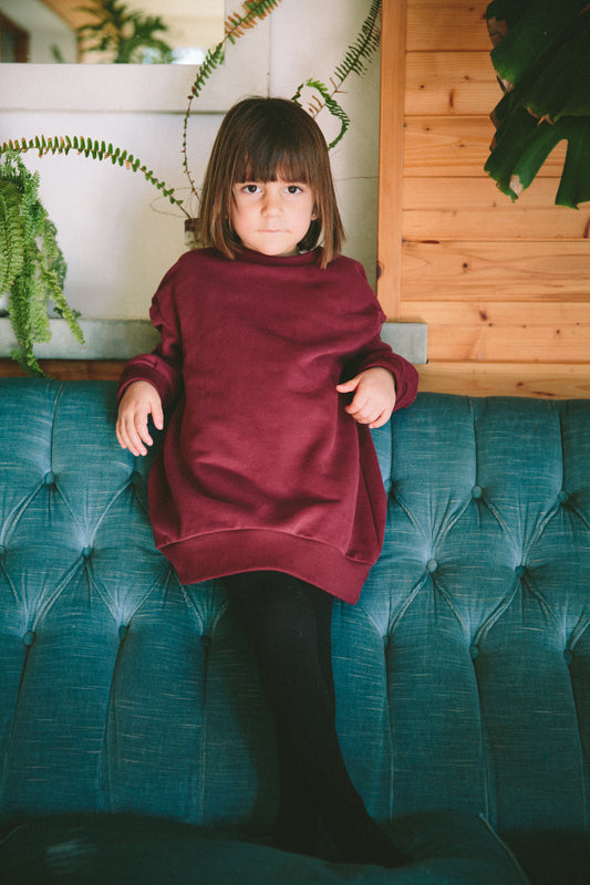 Mini abito girocollo felpato bordeaux