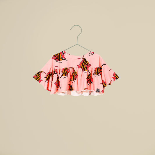 Top crop rosa con maniche a balze fantasia pesci tropicali