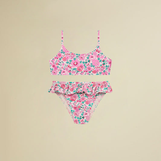 Bikini con top a fascia e slip con balza in Lycra